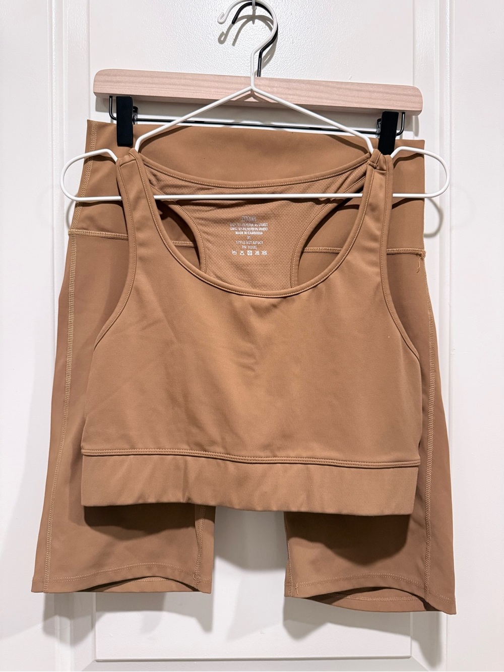 Zenana Outfitters Camel Crop Sports Bra and Bike Shorts set
